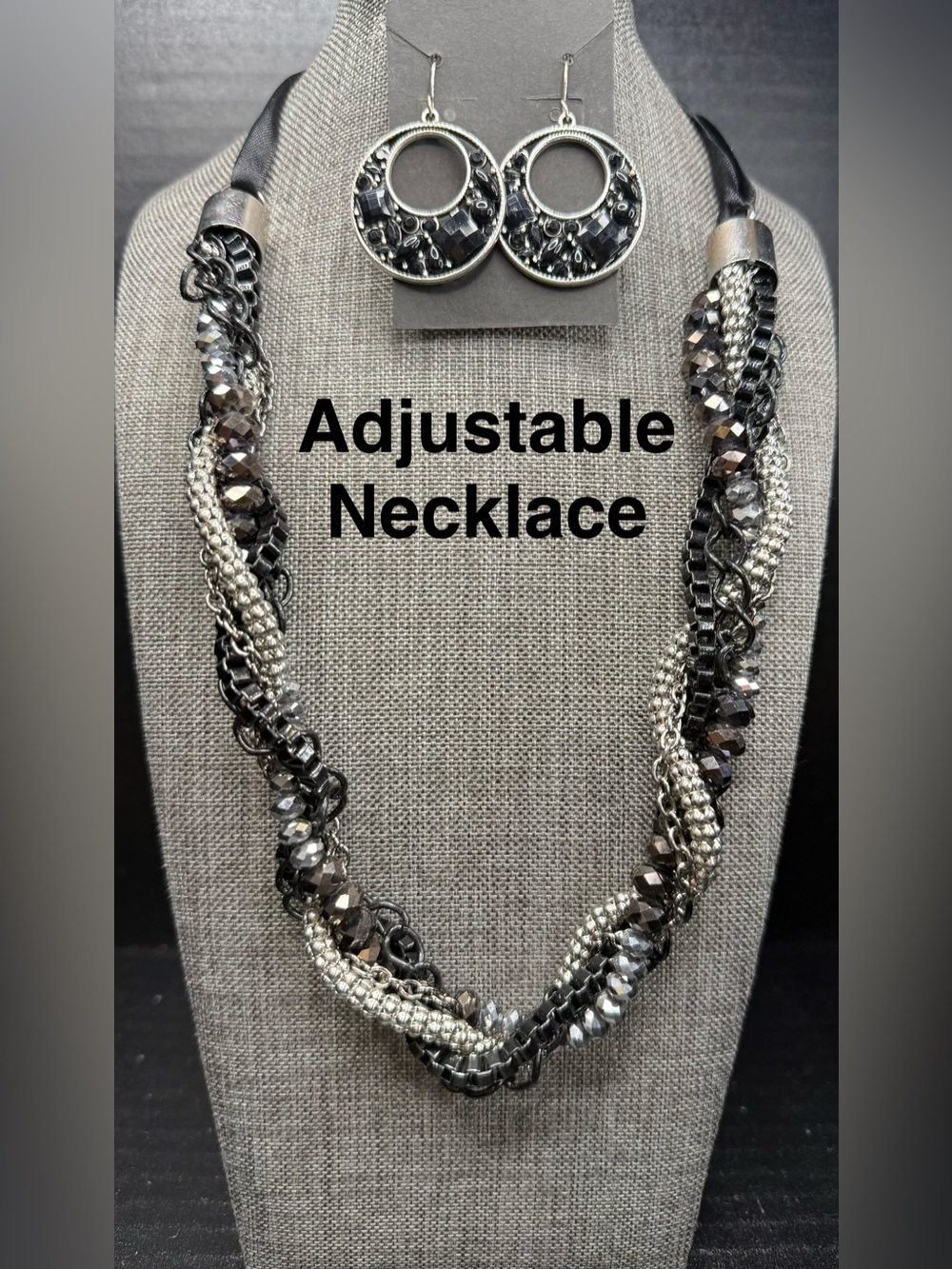 Adjustable Black and Silver Twisted Chain Necklace and Earring Set